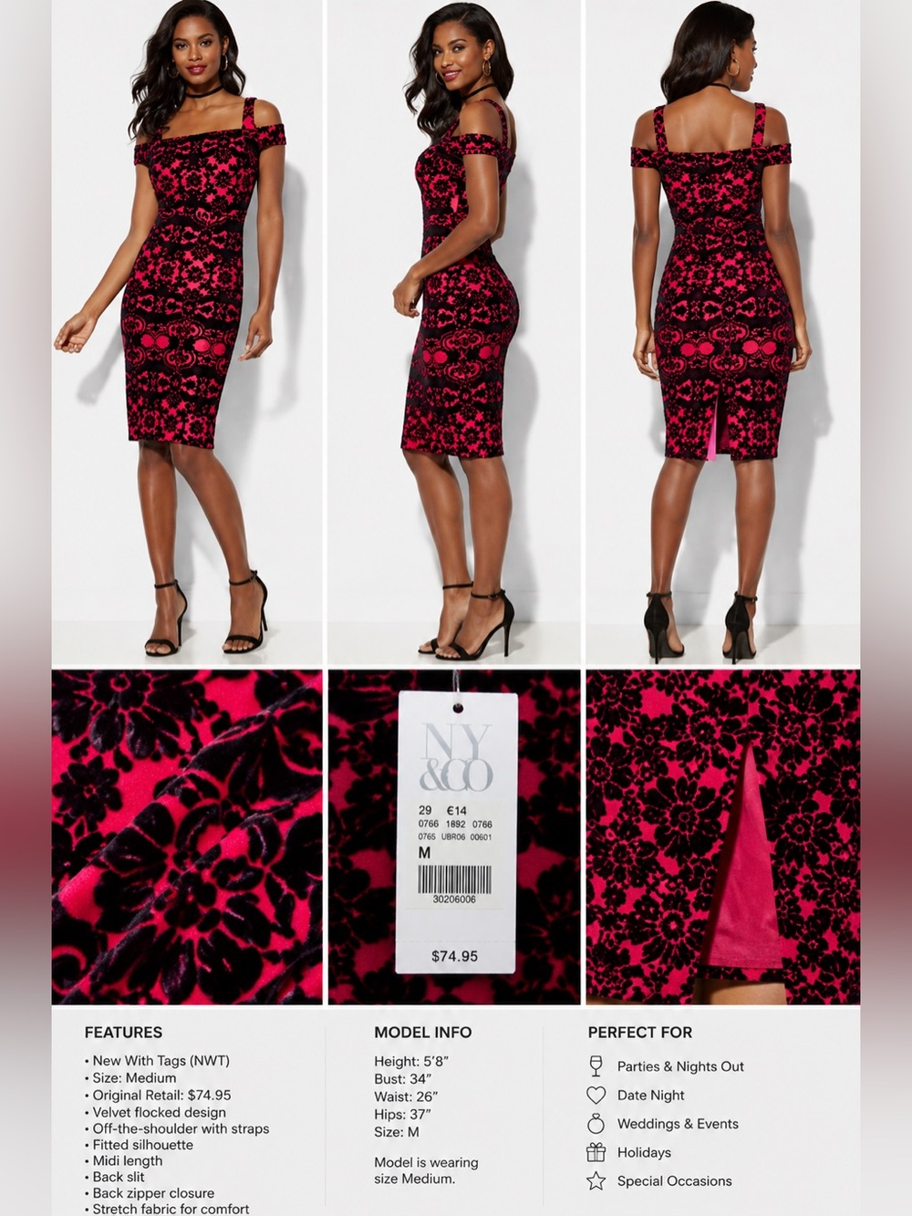 NY & Company Velvet Flocked Midi Dress – NWT Size M